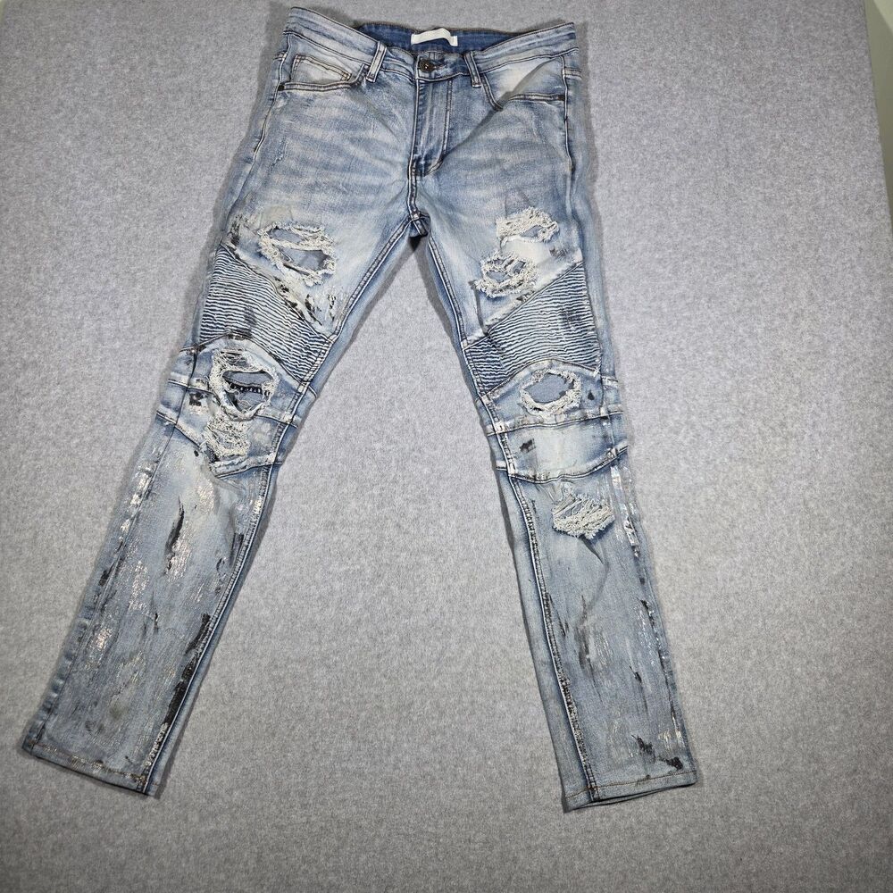 KDNK 11 4 14 11 Mens Distressed Biker Moto Jeans Size 32 Light Wash Foil...